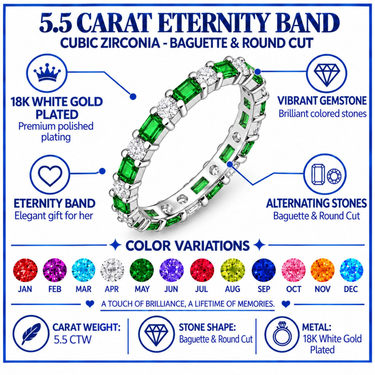 JeenMata Eternity Wedding Band Rings for Women, 5.5 Carat Alternating Baguette & Round Cut CZ, May Birthstone Birth Month Anniversary Ring for Woman, Christmas Gifts for Her