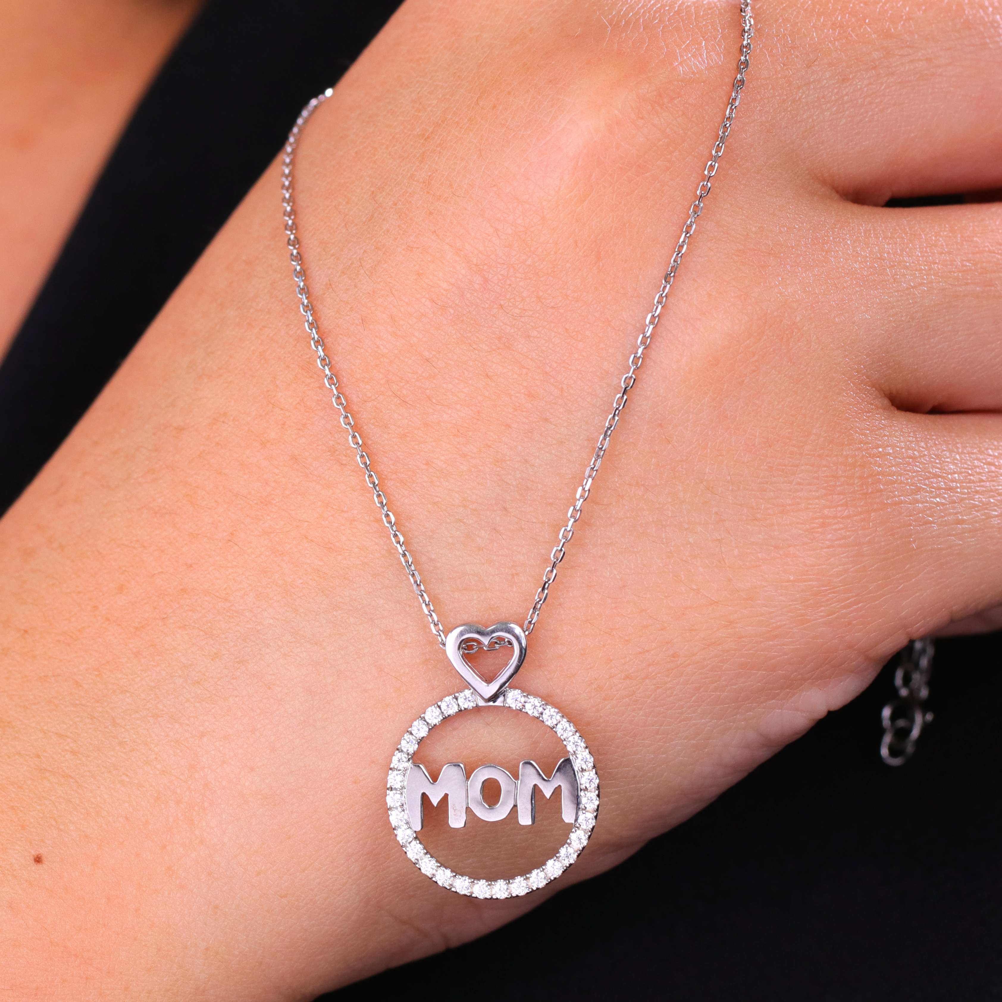 JeenMata Round Frame Mom Moissanite Pendant Necklace in 18K White Gold over Silver