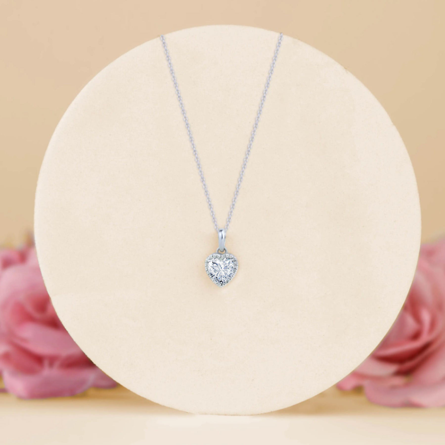 JeenMata Forever Heart 1 Carat - Moissanite - April Pendant Necklace in 18K White Gold Plating over Silver