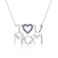 JeenMata I Love U Mom Multi-Color Purple Stone Embellished Open Heart Pendant Necklace in 18K White Gold over Silver - June Birthstone - Gift for Mom