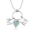 Circle Pendant with MOM Charms Pendant Necklace in 18K White Gold over Silver - Light Blue Stone Embellished - December Birthstone
