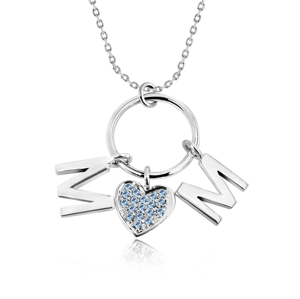 Circle Pendant with MOM Charms Pendant Necklace in 18K White Gold over Silver - Ice Blue Stone Embellished - March Birthstone