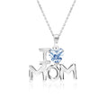 I Love Mom Heart Shaped Ice Blue Stone Pendant Necklace with 18K White Gold over Silver - March Birthstone - Mother's Day Jewelry Gift