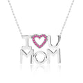 JeenMata I Love U Mom Strong Strong Red Stone Embellished Open Heart Pendant Necklace in 18K White Gold over Silver - July Birthstone - Gift for Mom
