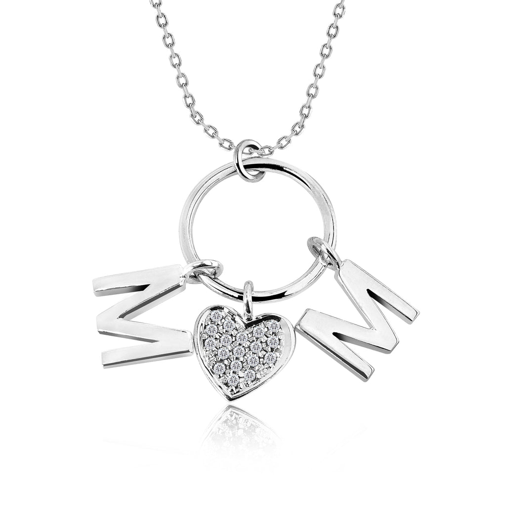 Circle Pendant with MOM Charms Pendant Necklace in 18K White Gold over Silver - White Stone Embellished - April Birthstone