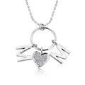 Circle Pendant with MOM Charms Pendant Necklace in 18K White Gold over Silver - White Stone Embellished - April Birthstone