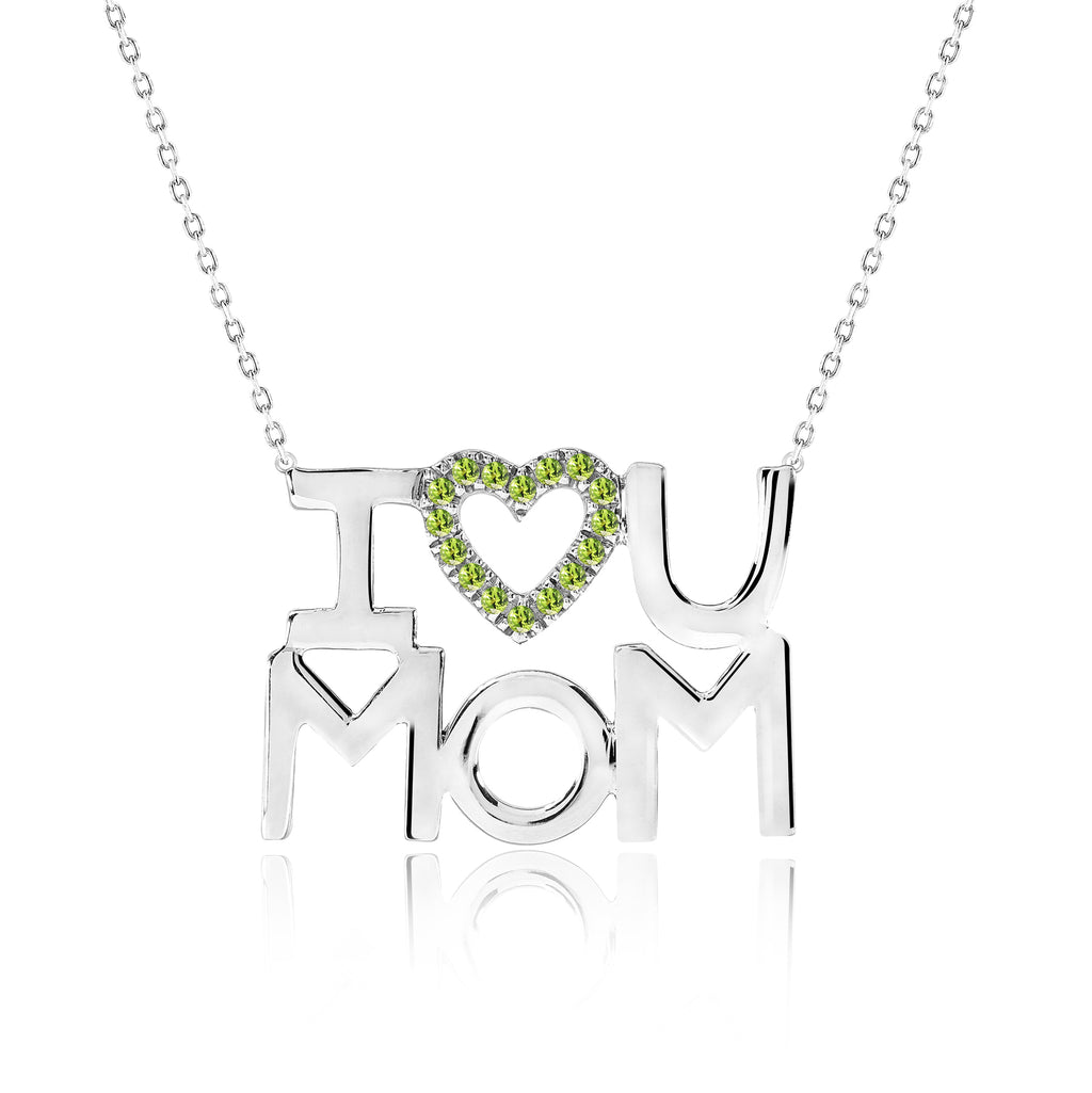 JeenMata I Love U Mom Light Green Stone Embellished Open Heart Pendant Necklace in 18K White Gold over Silver - August Birthstone - Gift for Mom