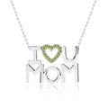 JeenMata I Love U Mom Light Green Stone Embellished Open Heart Pendant Necklace in 18K White Gold over Silver - August Birthstone - Gift for Mom