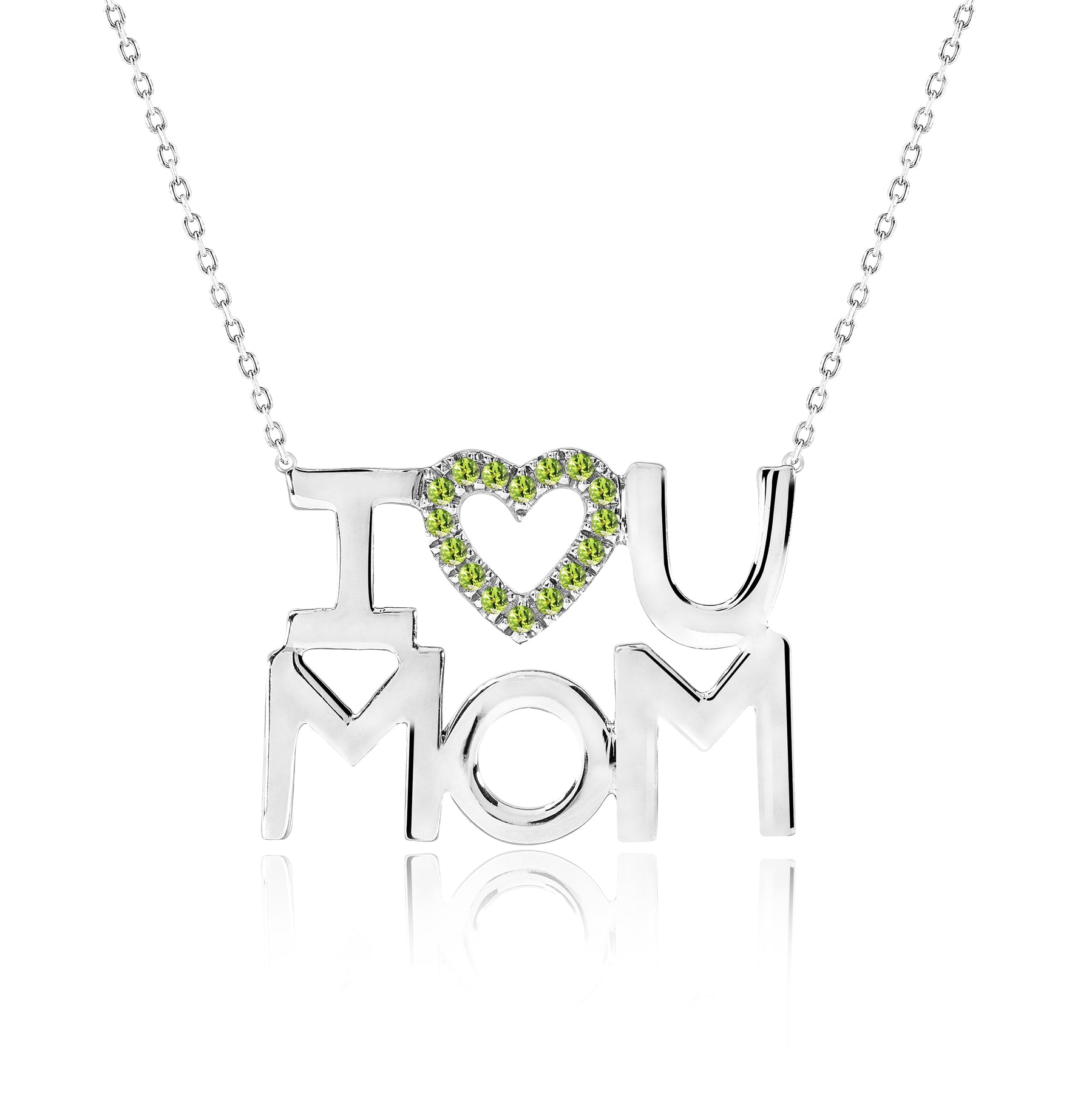 JeenMata I Love U Mom Light Green Stone Embellished Open Heart Pendant Necklace in 18K White Gold over Silver - August Birthstone - Gift for Mom