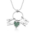 Circle Pendant with MOM Charms Pendant Necklace in 18K White Gold over Silver - Dark Green Stone Embellished - May Birthstone