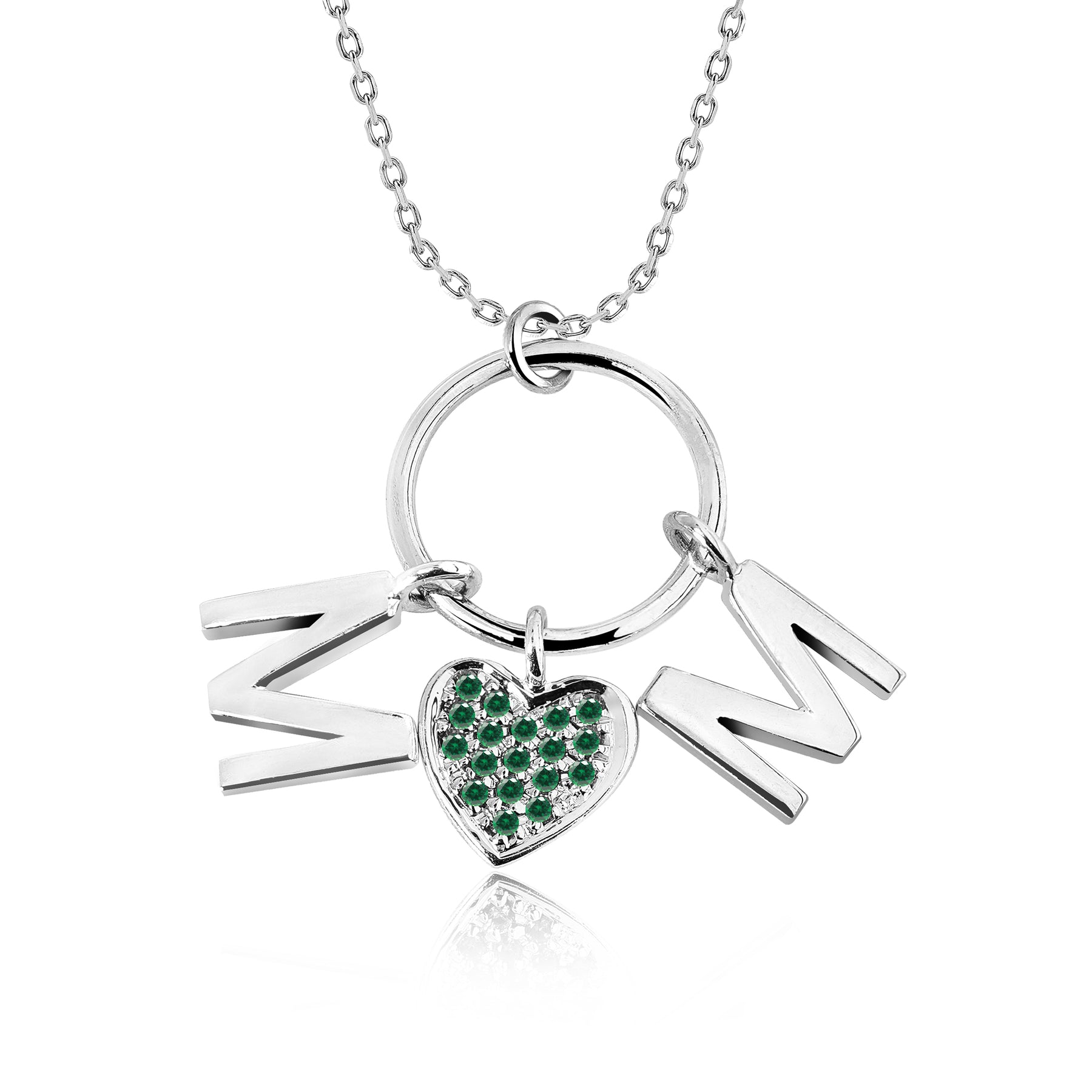 Circle Pendant with MOM Charms Pendant Necklace in 18K White Gold over Silver - Dark Green Stone Embellished - May Birthstone
