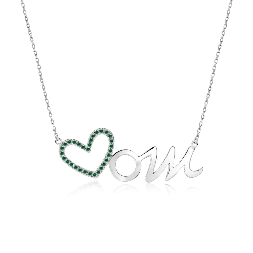 Open Heart Mom with Decorated Dark Green Stone Pendant Necklace in 18K White Gold over Silver - May Birthstone - Gift for Mom