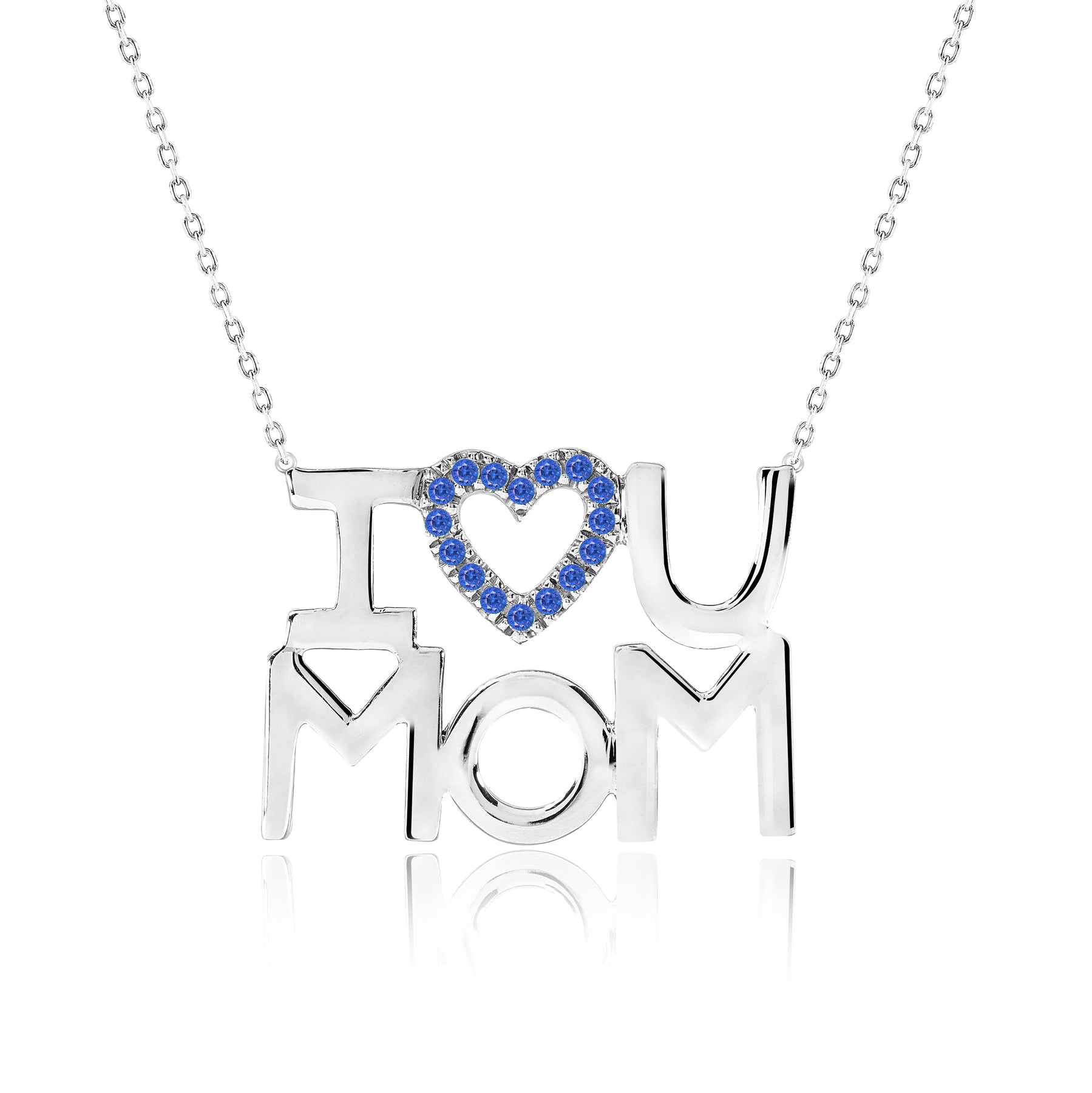 JeenMata I Love U Mom Dark Blue Stone Embellished Open Heart Pendant Necklace in 18K White Gold over Silver - September Birthstone - Gift for Mom