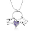 Circle Pendant with MOM Charms Pendant Necklace in 18K White Gold over Silver - Multi-Color Purple Stone Embellished - June Birthstone