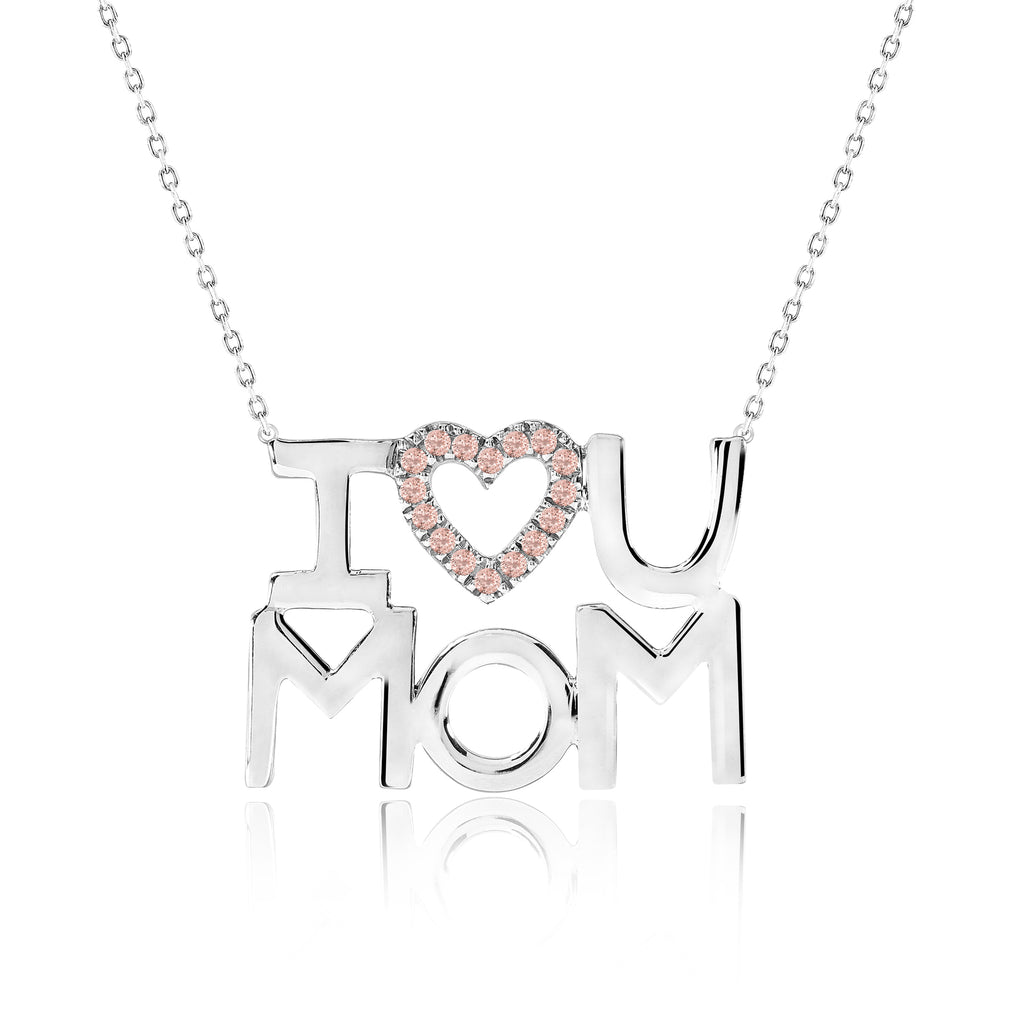 JeenMata I Love U Mom Pink Stone Embellished Open Heart Pendant Necklace in 18K White Gold over Silver - October Birthstone - Gift for Mom