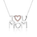 JeenMata I Love U Mom Pink Stone Embellished Open Heart Pendant Necklace in 18K White Gold over Silver - October Birthstone - Gift for Mom