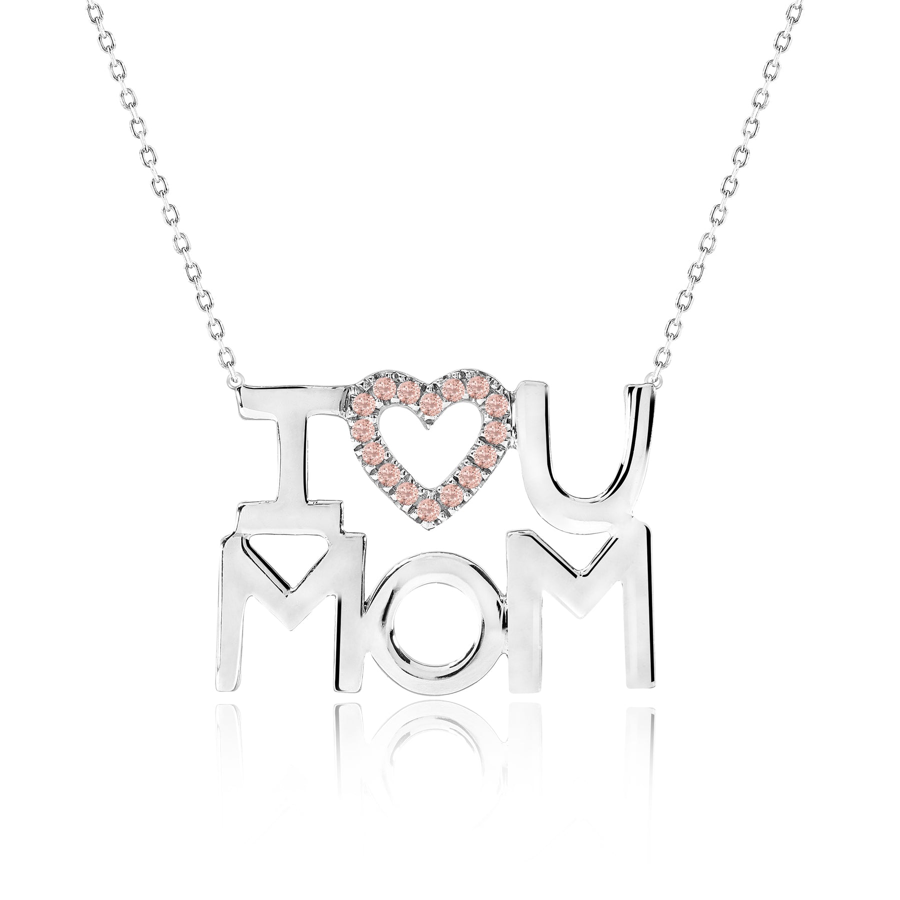 JeenMata I Love U Mom Pink Stone Embellished Open Heart Pendant Necklace in 18K White Gold over Silver - October Birthstone - Gift for Mom