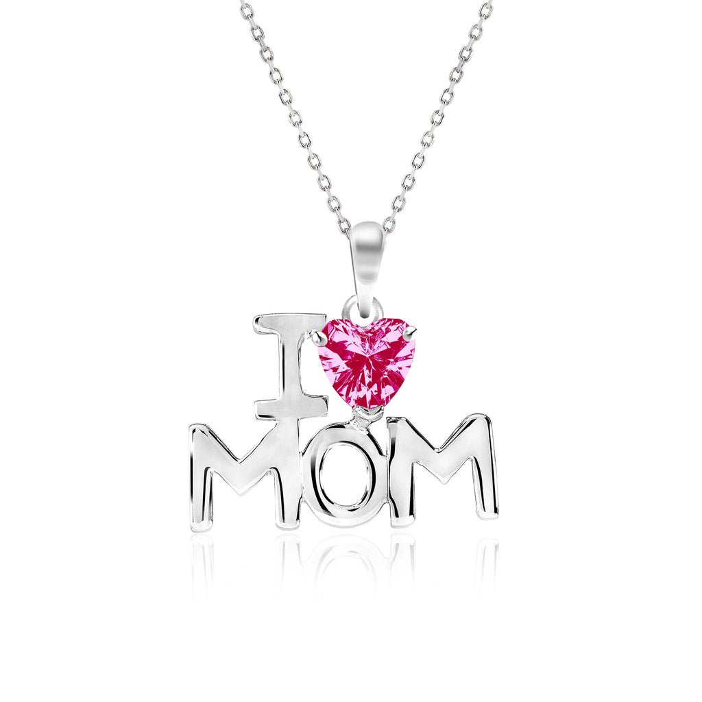 I Love Mom Heart Shaped Strong Strong Red Stone Pendant Necklace with 18K White Gold over Silver - July Birthstone - Mother's Day Jewelry Gift