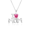 I Love Mom Heart Shaped Strong Strong Red Stone Pendant Necklace with 18K White Gold over Silver - July Birthstone - Mother's Day Jewelry Gift