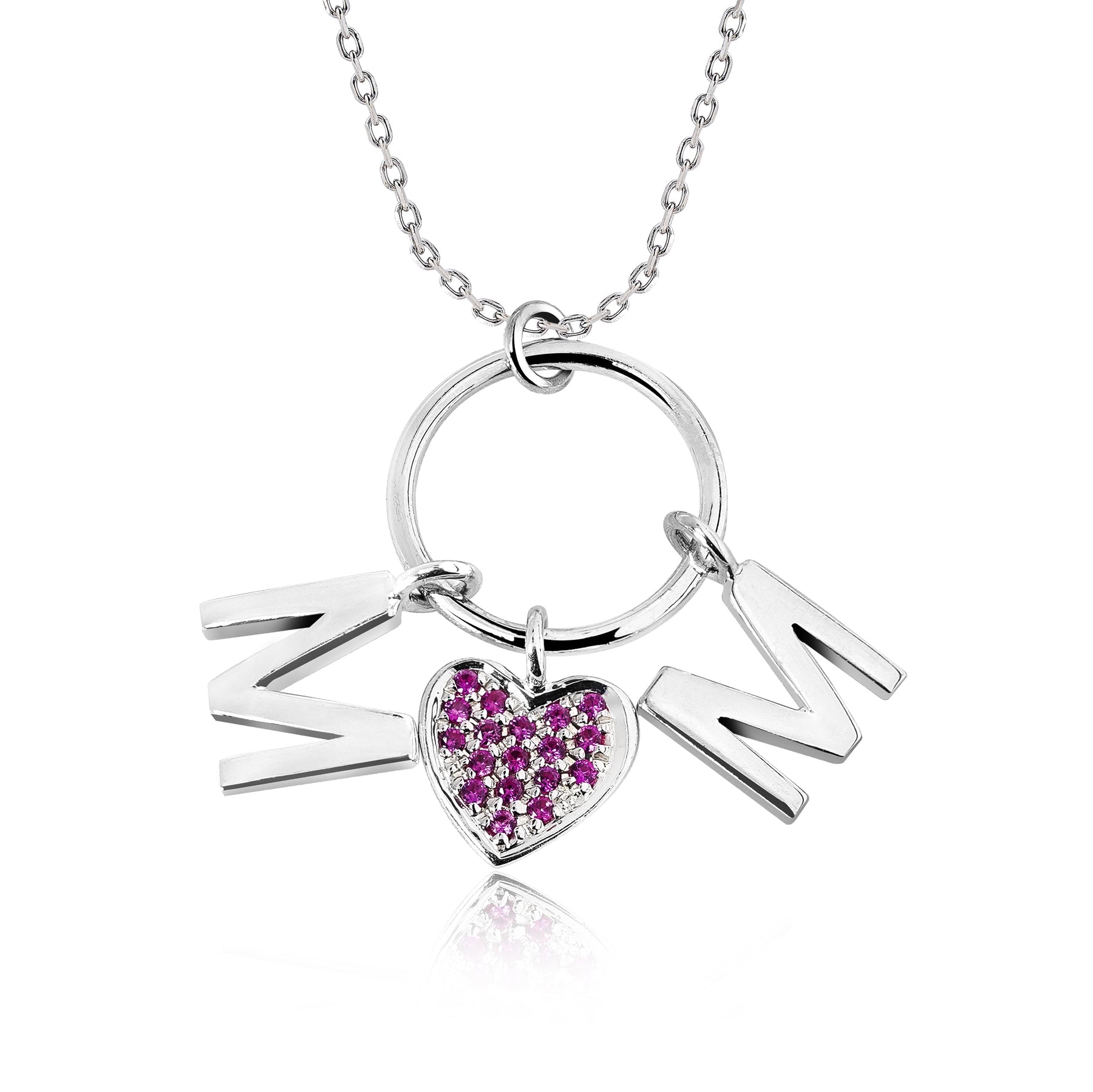 Circle Pendant with MOM Charms Pendant Necklace in 18K White Gold over Silver - Strong Strong Red Stone Embellished - July Birthstone