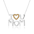 JeenMata I Love U Mom Yellow Stone Embellished Open Heart Pendant Necklace in 18K White Gold over Silver - November Birthstone - Gift for Mom