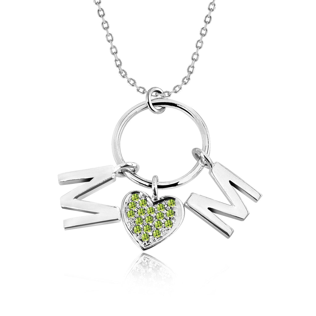 Circle Pendant with MOM Charms Pendant Necklace in 18K White Gold over Silver - Light Green Stone Embellished - August Birthstone