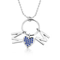 Circle Pendant with MOM Charms Pendant Necklace in 18K White Gold over Silver - Dark Blue Stone Embellished - September Birthstone
