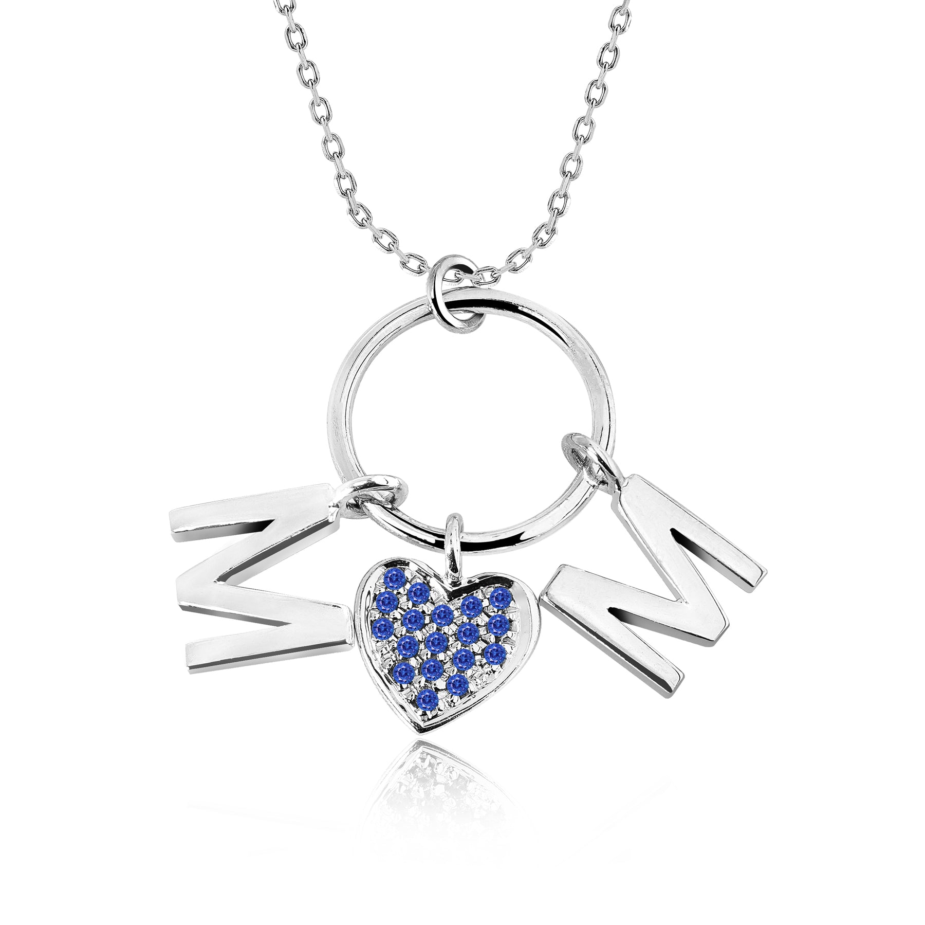 Circle Pendant with MOM Charms Pendant Necklace in 18K White Gold over Silver - Dark Blue Stone Embellished - September Birthstone