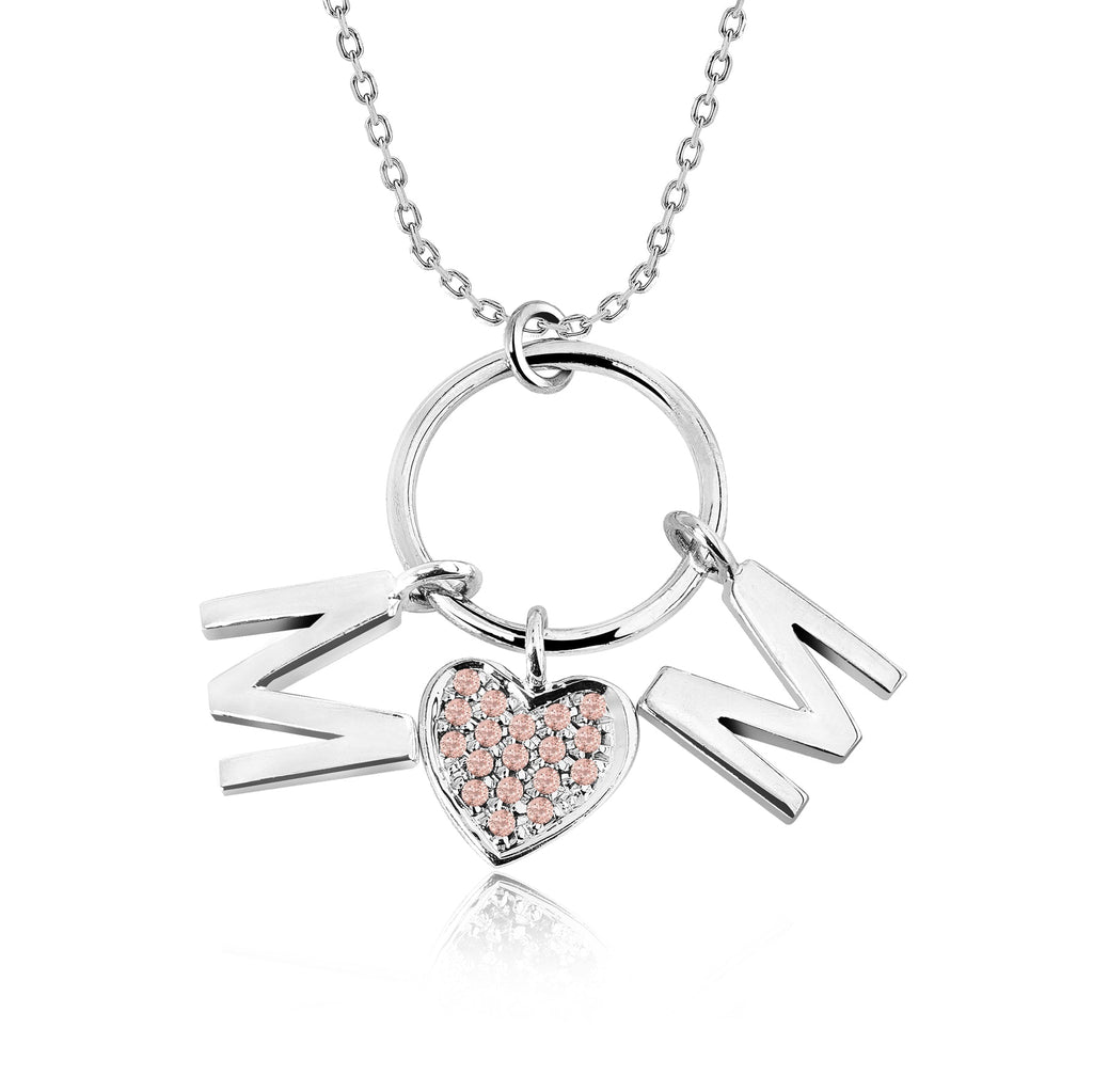Circle Pendant with MOM Charms Pendant Necklace in 18K White Gold over Silver - Pink Stone Embellished - October Birthstone