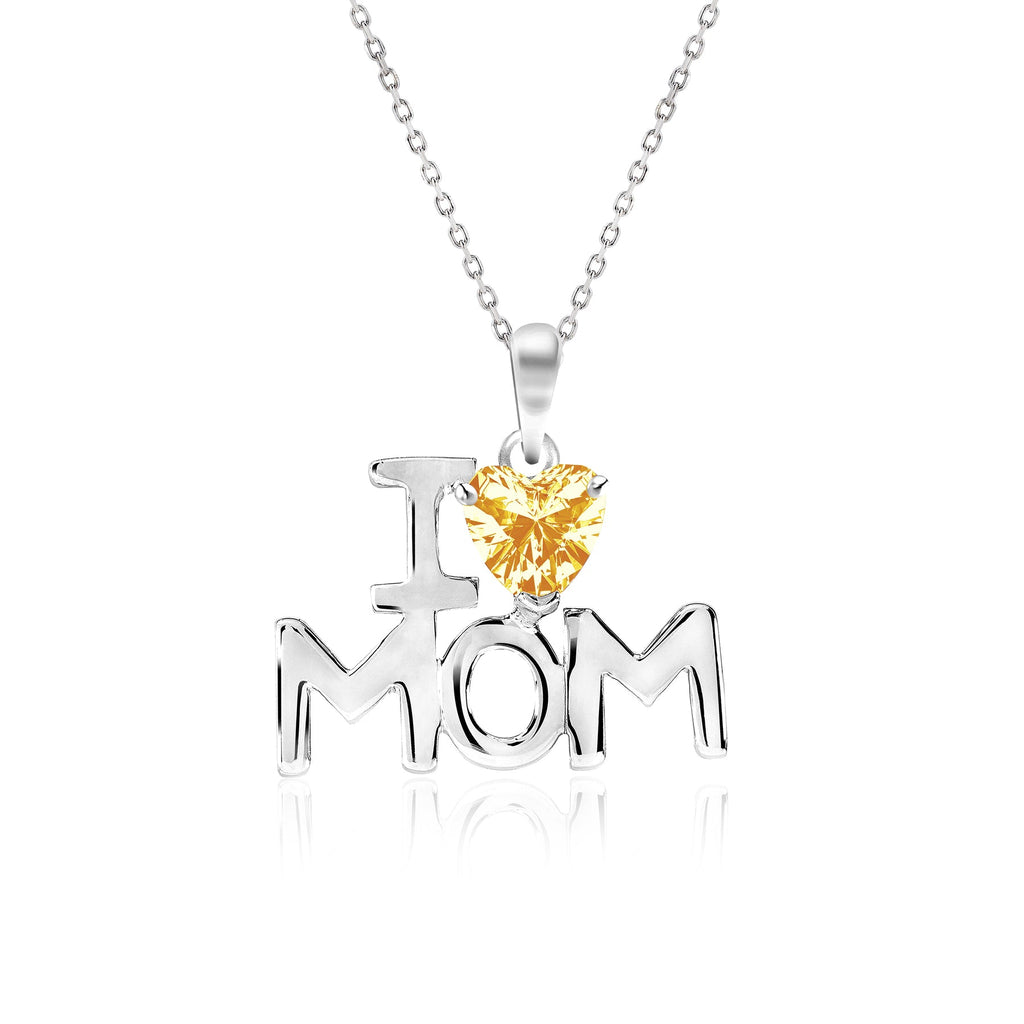 I Love Mom Heart Shaped Yellow Stone Pendant Necklace with 18K White Gold over Silver - November Birthstone - Mother's Day Jewelry Gift