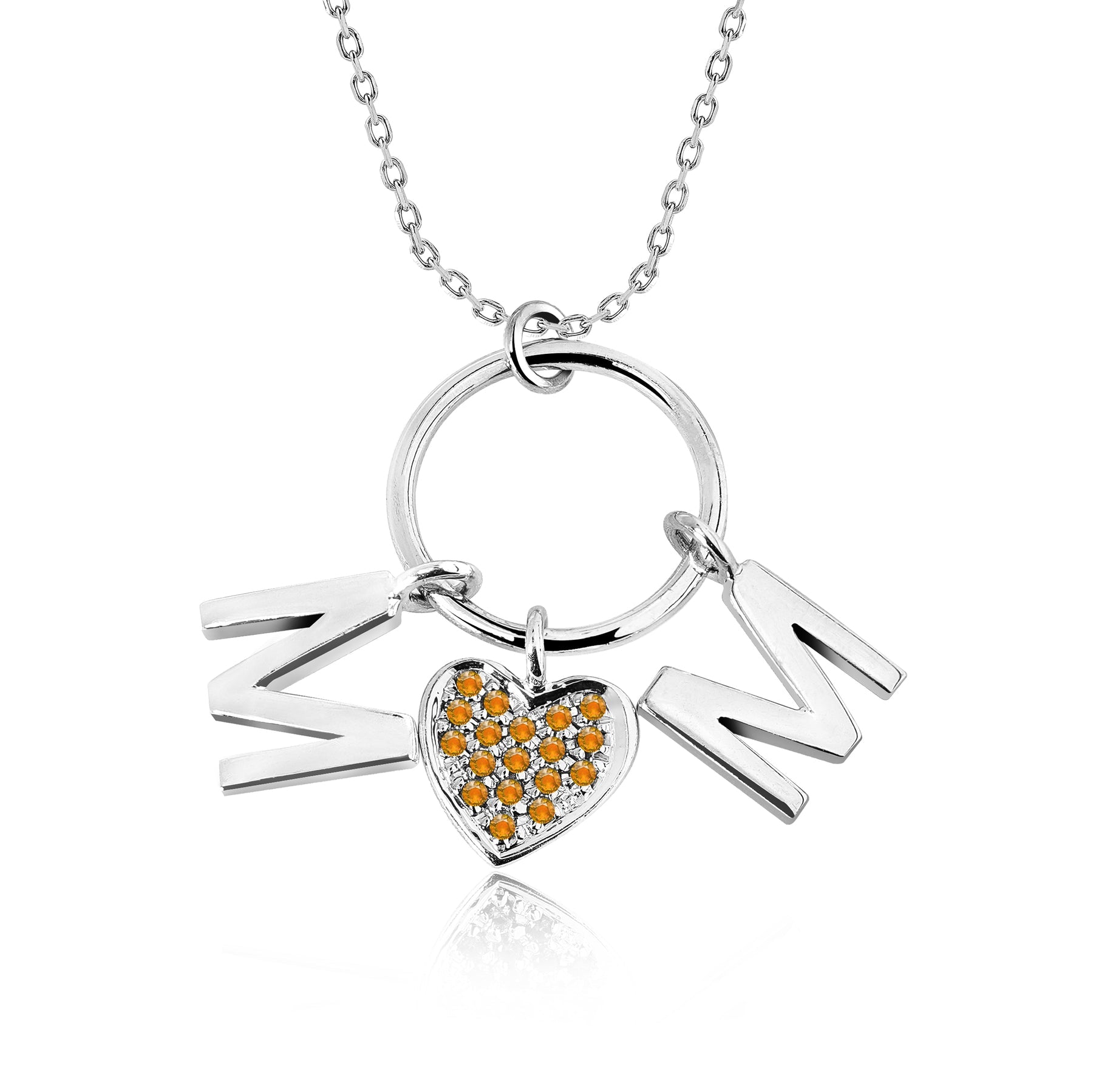 Circle Pendant with MOM Charms Pendant Necklace in 18K White Gold over Silver - Yellow Stone Embellished - November Birthstone