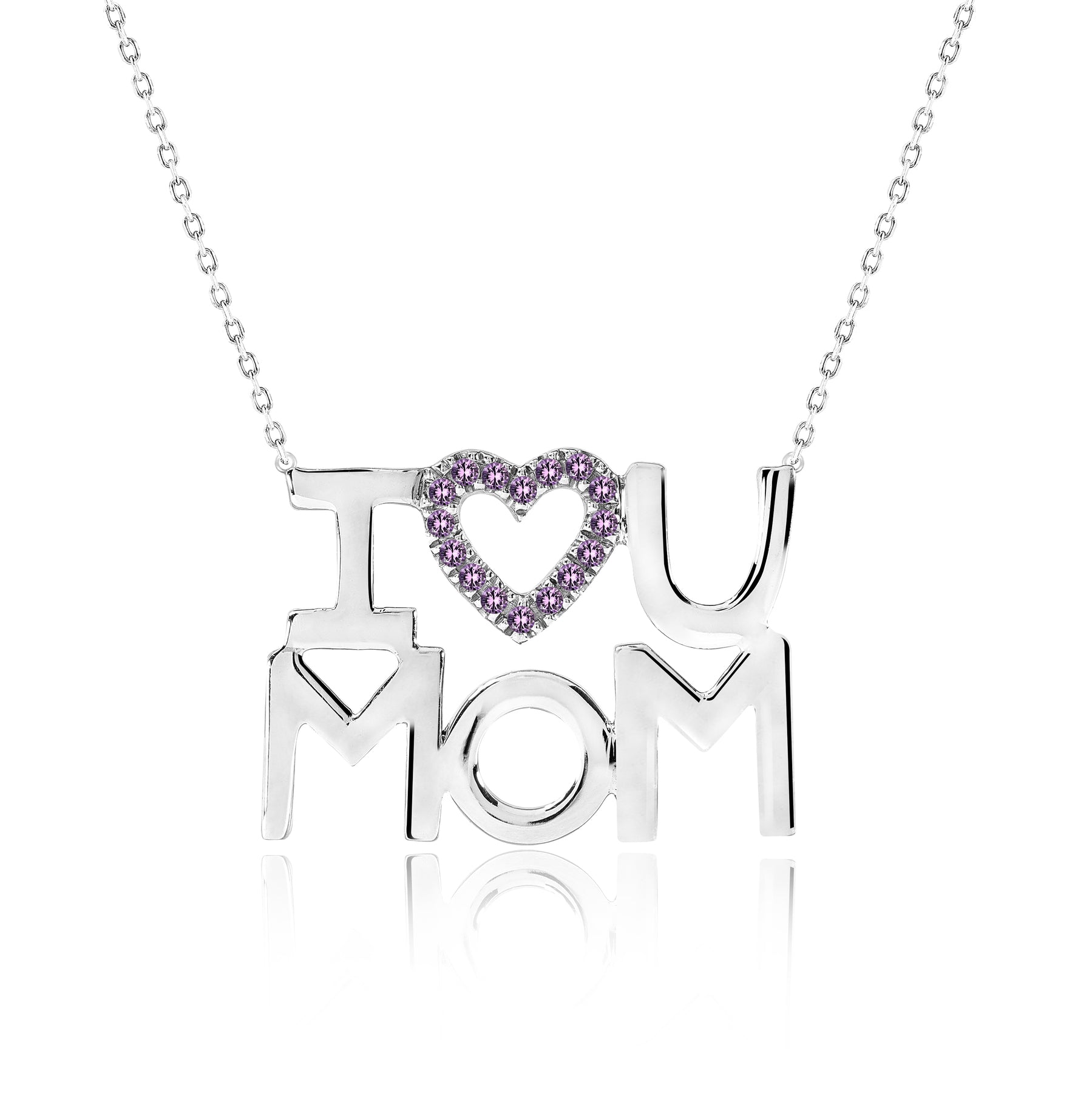JeenMata I Love U Mom Purple Stone Embellished Open Heart Pendant Necklace in 18K White Gold over Silver - February Birthstone - Gift for Mom