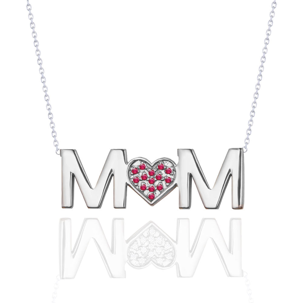 MOM Pendant Necklace - Red Stone - January Birthstone in 18K White Gold over Sterling Silver