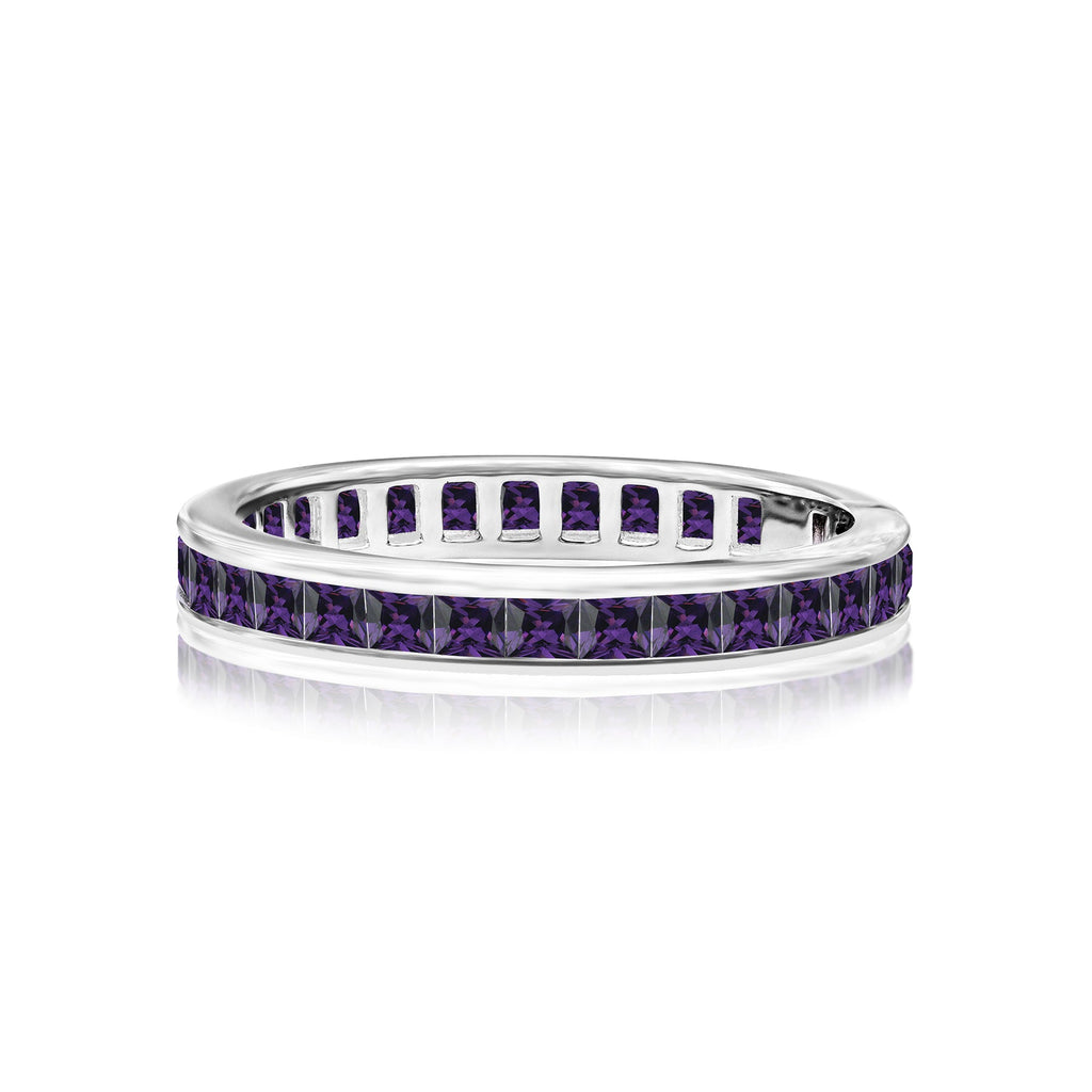 2 Carat Princess Cut February - Amethyst - Birthstone Channel Set Wedding Band - Eternity Wedding Ring in 18K White Gold Over Silver