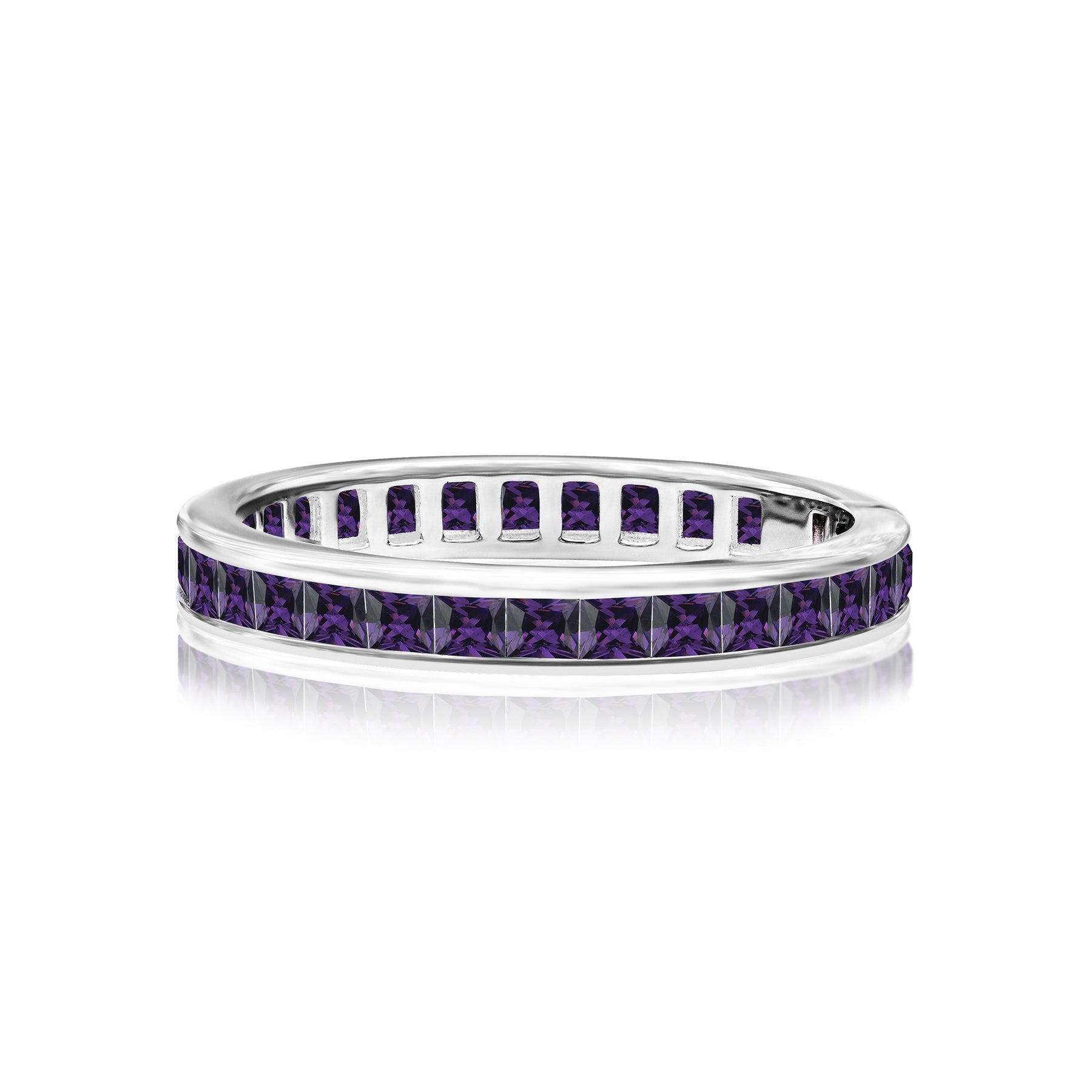 2 Carat Princess Cut February - Amethyst - Birthstone Channel Set Wedding Band - Eternity Wedding Ring in 18K White Gold Over Silver