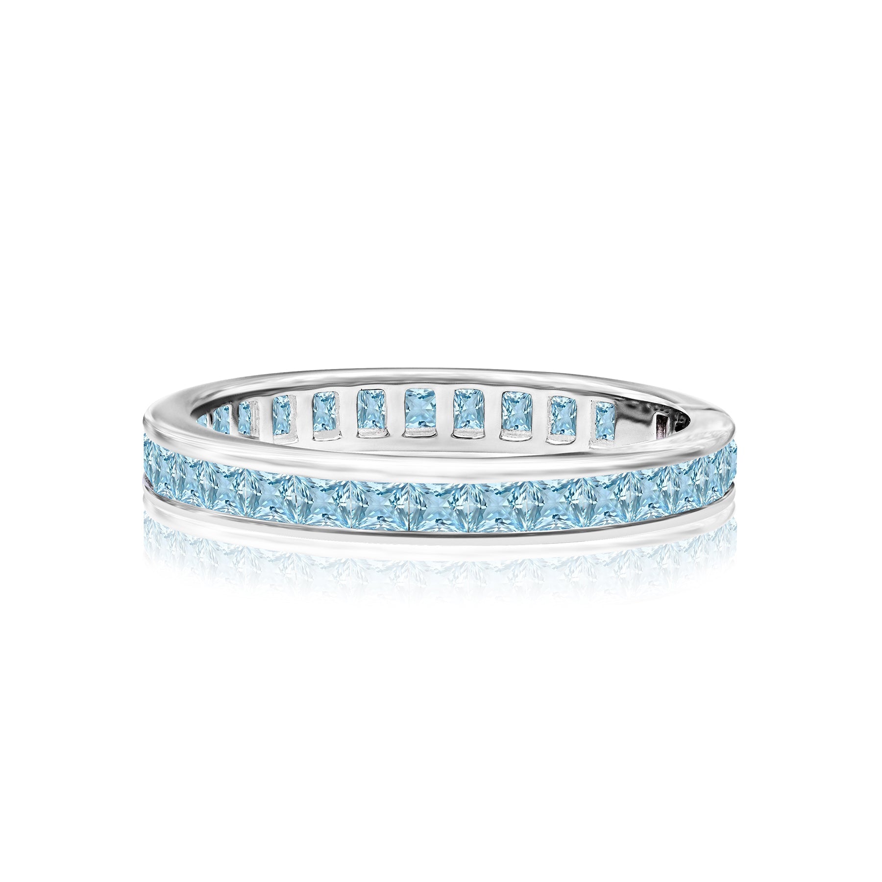 2 Carat Princess Cut March - Aquamarine - Birthstone Channel Set Wedding Band - Eternity Wedding Ring in 18K White Gold Over Silver