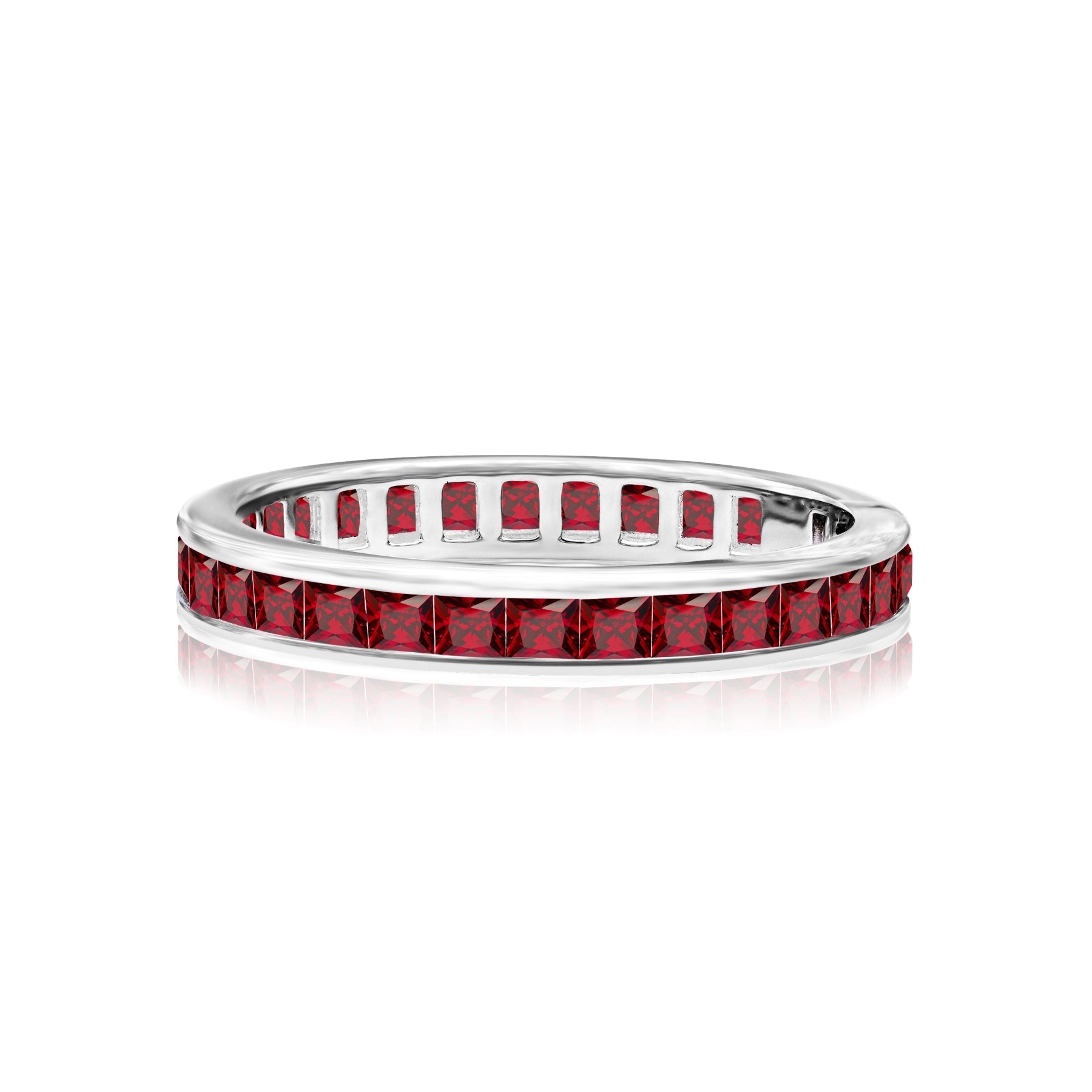 2 Carat Princess Cut January - Garnet - Birthstone Channel Set Wedding Band - Eternity Wedding Ring in 18K White Gold Over Silver