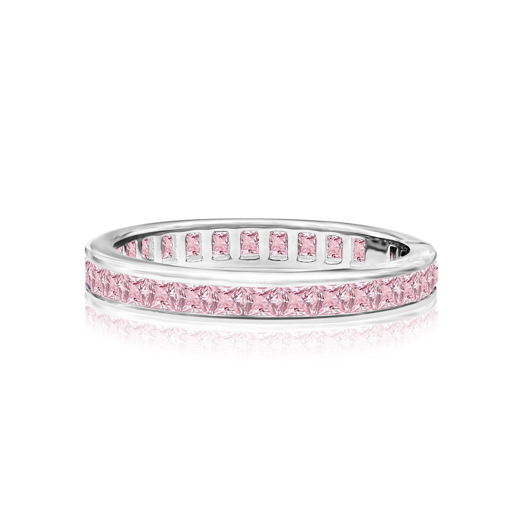 2 Carat Princess Cut October - Pink Tourmaline - Birthstone Channel Set Wedding Band - Eternity Wedding Ring in 18K White Gold Over Silver