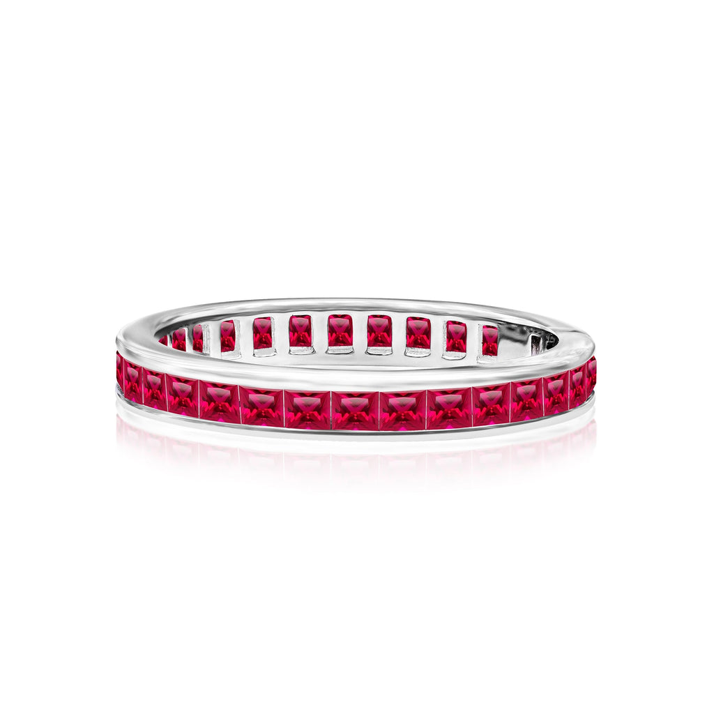 2 Carat Princess Cut July - Ruby - Birthstone Channel Set Wedding Band - Eternity Wedding Ring in 18K White Gold Over Silver