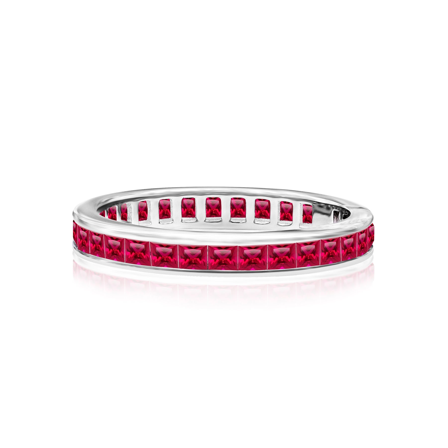 2 Carat Princess Cut July - Ruby - Birthstone Channel Set Wedding Band - Eternity Wedding Ring in 18K White Gold Over Silver