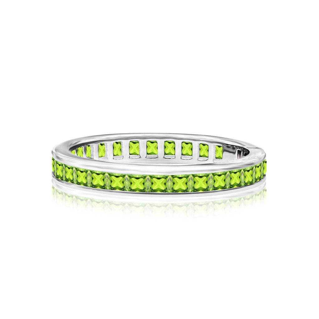 2 Carat Princess Cut August - Peridot - Birthstone Channel Set Wedding Band - Eternity Wedding Ring in 18K White Gold Over Silver