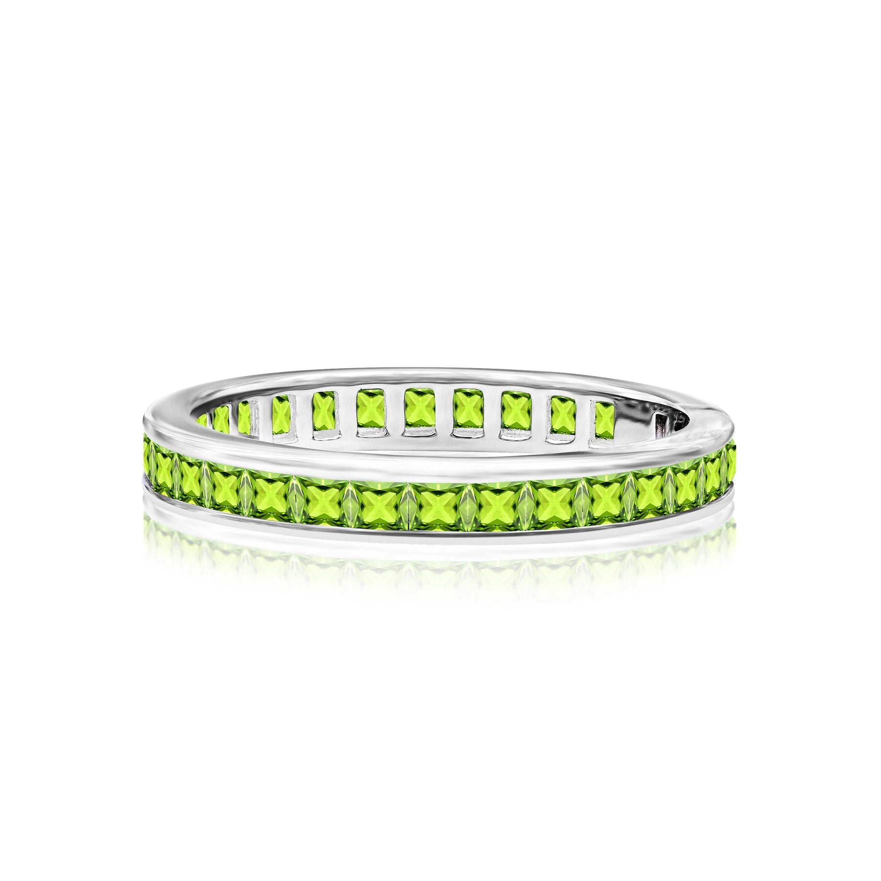 2 Carat Princess Cut August - Peridot - Birthstone Channel Set Wedding Band - Eternity Wedding Ring in 18K White Gold Over Silver