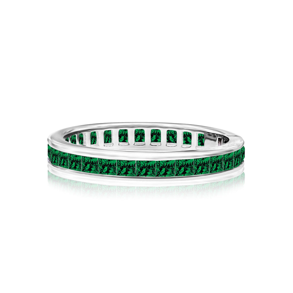 2 Carat Princess Cut May - Emerald - Birthstone Channel Set Wedding Band - Eternity Wedding Ring in 18K White Gold Over Silver