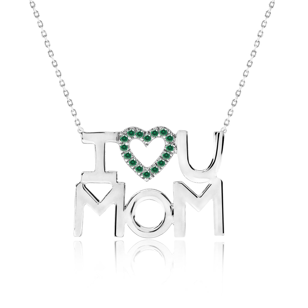 JeenMata I Love U Mom Dark Green Stone Embellished Open Heart Pendant Necklace in 18K White Gold over Silver - May Birthstone - Gift for Mom