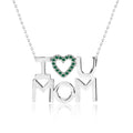 JeenMata I Love U Mom Dark Green Stone Embellished Open Heart Pendant Necklace in 18K White Gold over Silver - May Birthstone - Gift for Mom