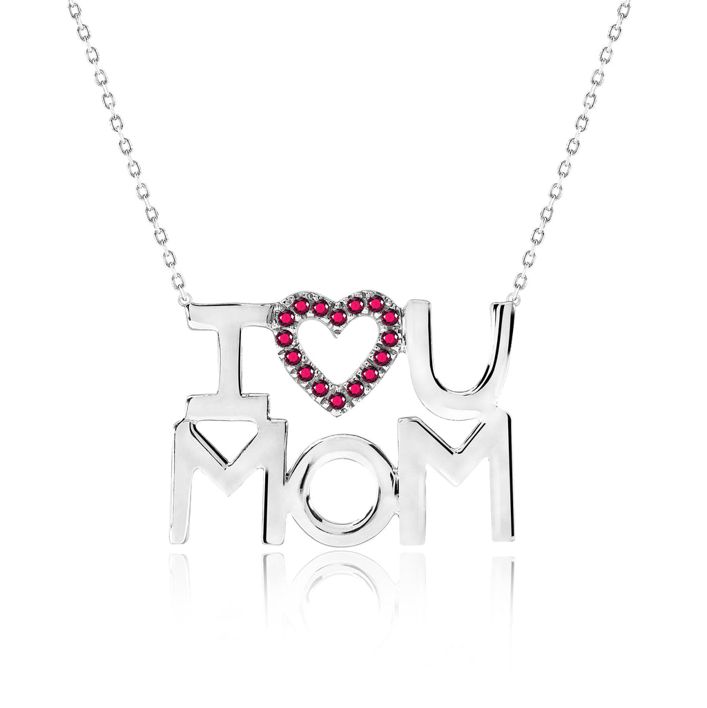 JeenMata I Love U Mom Red Stone Embellished Open Heart Pendant Necklace in 18K White Gold over Silver - January Birthstone - Gift for Mom