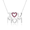 JeenMata I Love U Mom Red Stone Embellished Open Heart Pendant Necklace in 18K White Gold over Silver - January Birthstone - Gift for Mom