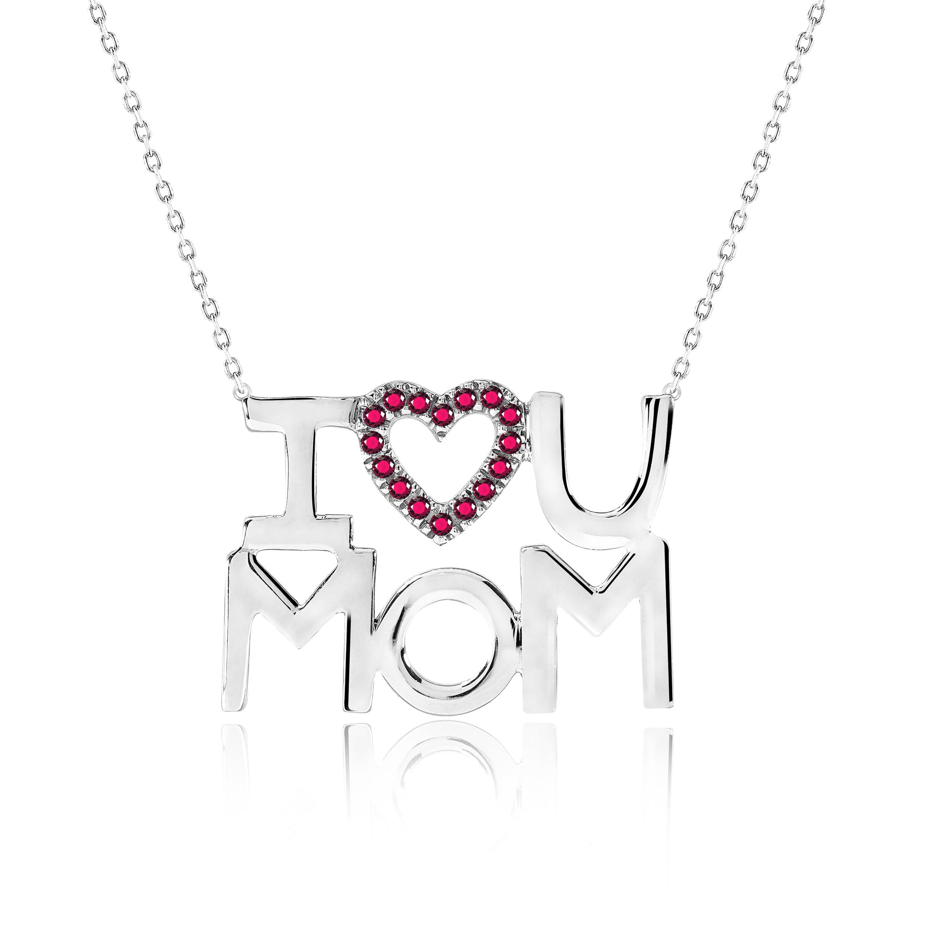JeenMata I Love U Mom Red Stone Embellished Open Heart Pendant Necklace in 18K White Gold over Silver - January Birthstone - Gift for Mom