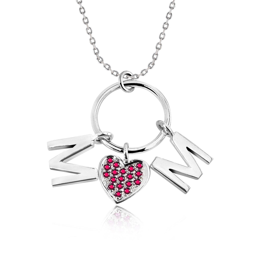 Circle Pendant with MOM Charms Pendant Necklace in 18K White Gold over Silver - Red Stone Embellished - January Birthstone