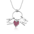 Circle Pendant with MOM Charms Pendant Necklace in 18K White Gold over Silver - Red Stone Embellished - January Birthstone